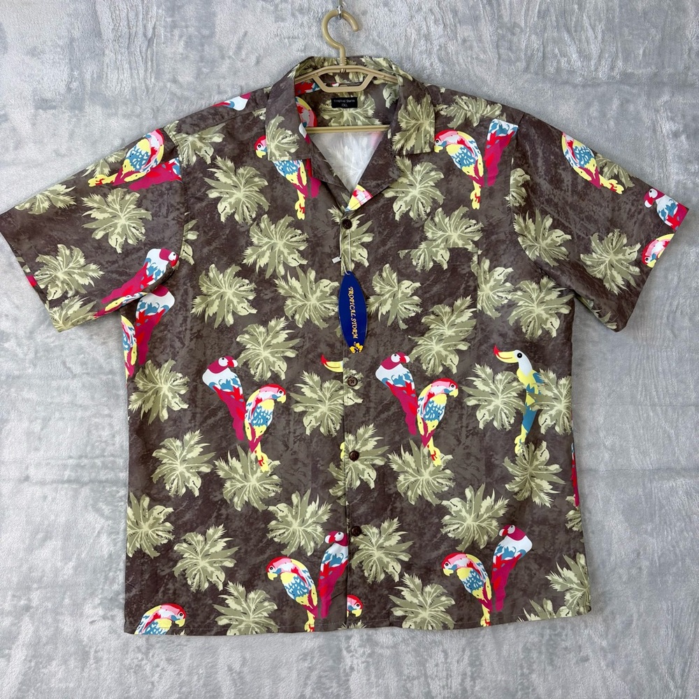 New Tropical Storm Men's Short Sleeve Button Up Shirt Tropical Parrot Print 2XL